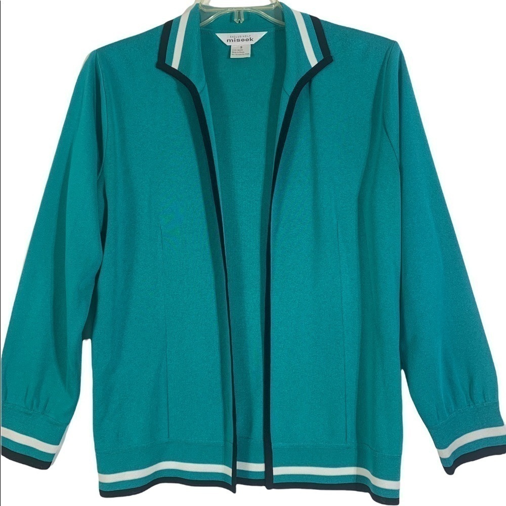 - Exclusively Misook Turquoise Open Cardigan Sweater Black Cream stripe